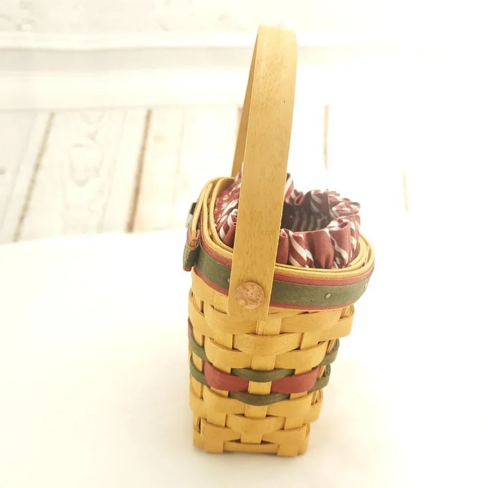 Longaberger Wooden Single Handle Red Striped Liner Handwoven Picnic Basket